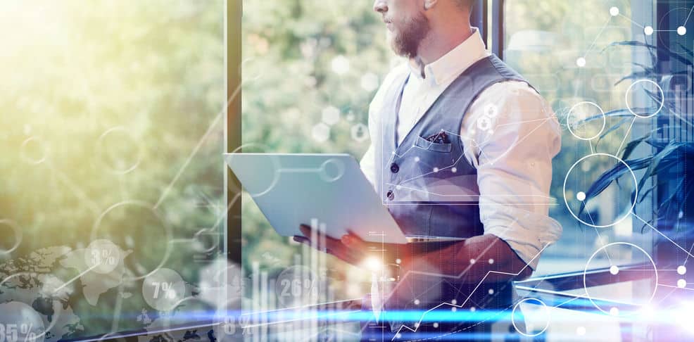 Concept Global Strategy Virtual Icon Diagram Graph Interface Investments Reserch.Bearded Businessman Searching Great Business Decisions.Young Man Holding Laptop Hands Looking Panoramic Window.Wide.