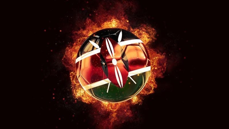 Football in flames with flag of kenya