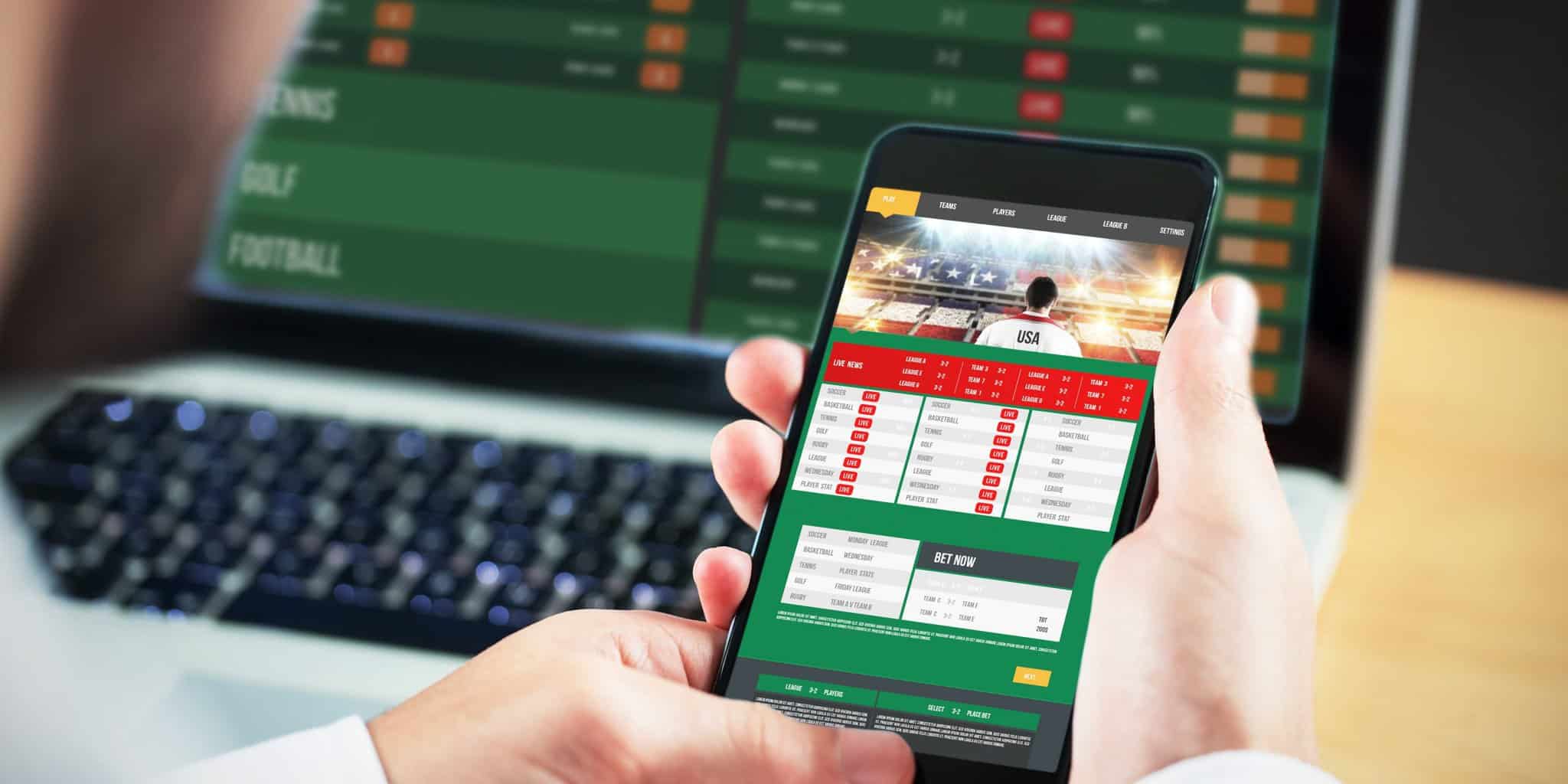 Businessman using smartphone against gambling app screen