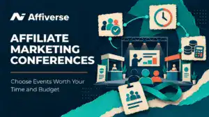 Affiliate marketing conference illustration with a stage, attendee badge, clock, and coins.
