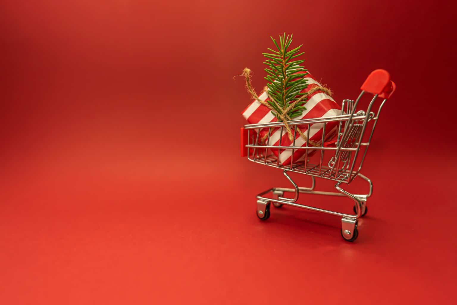 A shopping truck with a Christmas present in it
