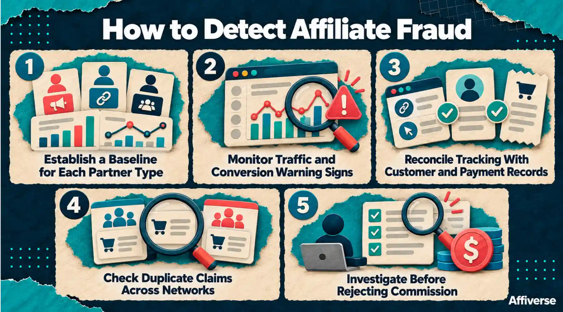 Five affiliate fraud detection checks: establish baselines, monitor warning signs, reconcile records, check duplicate claims, and investigate before rejecting commissions.