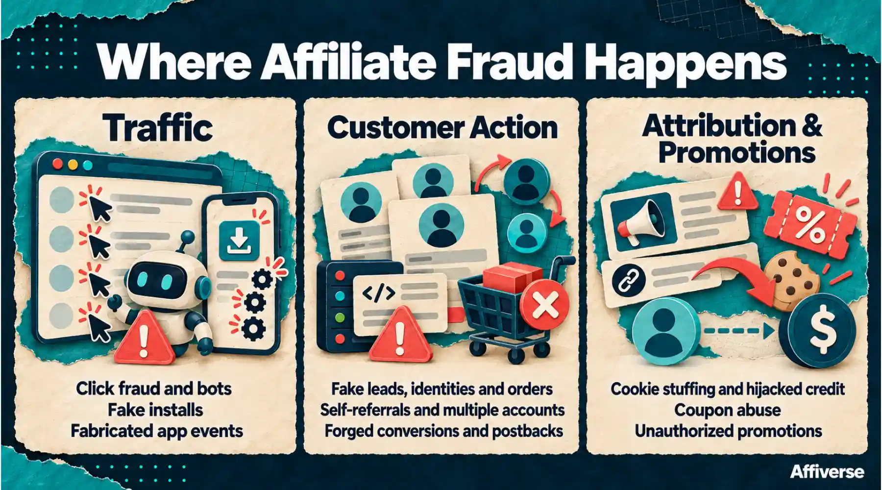 Affiliate fraud illustration covering fake traffic, leads, identities, orders, app events, conversion reports, and attribution or promotion abuse.