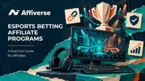 Esports betting affiliate guide with a gaming monitor, headset, trophy and tracking icons.
