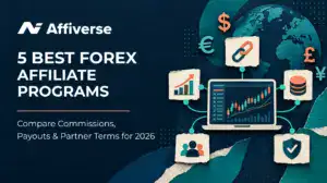 Forex affiliate dashboard with five connected partner cards, currency symbols, and a globe.