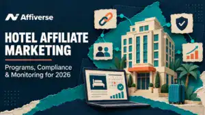 Hotel affiliate marketing guide with a hotel, booking laptop, and connected partner icons.
