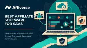 Laptop illustration with affiliate tracking, subscription payments, and a security shield.