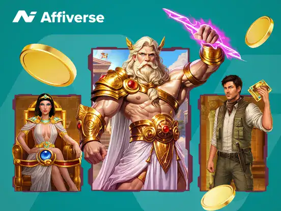 Promotional graphic for an affiliate program focused on casino games, featuring logos and game icons.
