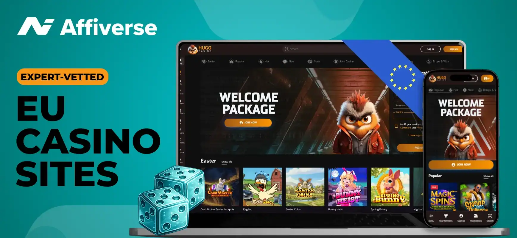 Laptop and phone screens showing Hugo Casino with EU Casino Sites text, dice, and an EU flag.