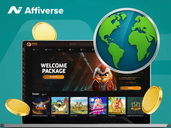 Promotional graphic for an affiliate program focused on casino games, featuring logos and game icons.