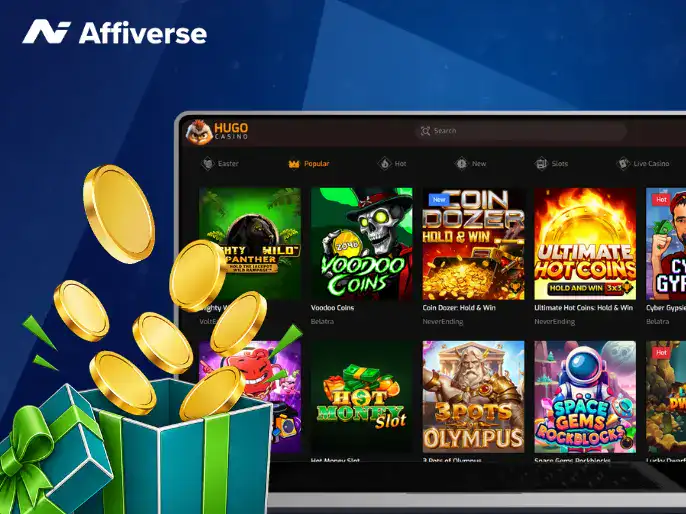 Visual representation of an affiliate program for casino games, showcasing various game elements and branding.