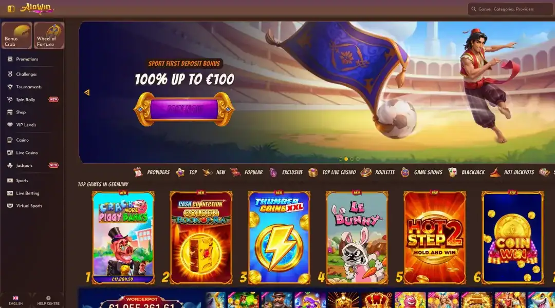 Alawin Casino homepage.