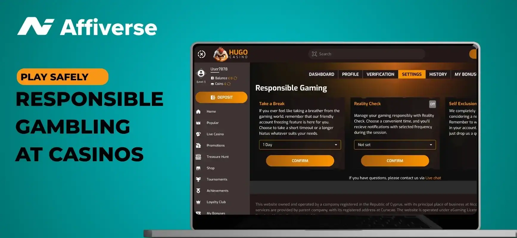 A banner about responsible gambling measures at online casinos.