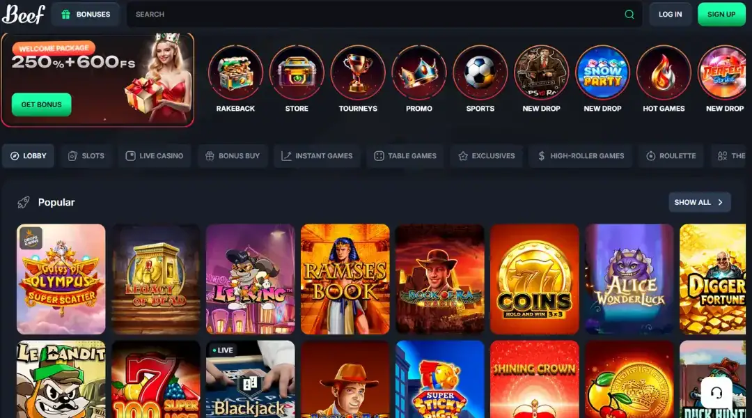 Beef Casino homepage with active promotion banner visible.