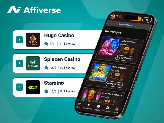 Top online casinos listed with ratings beside mobile slot game screen