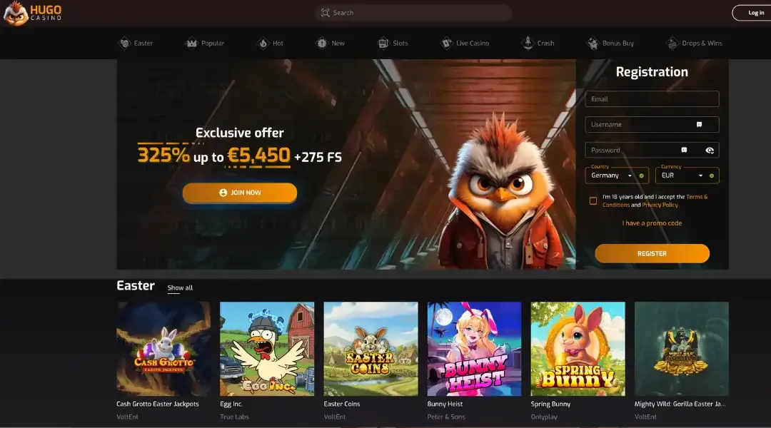 Hugo Casino homepage.
