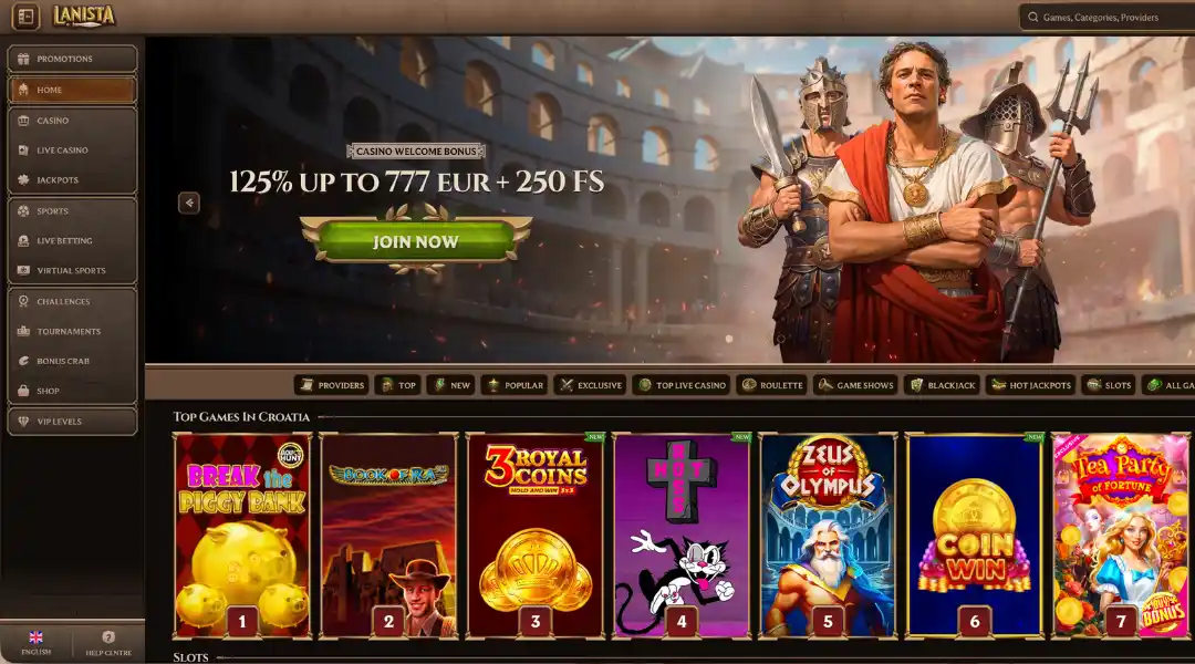 Lanista Casino homepage.