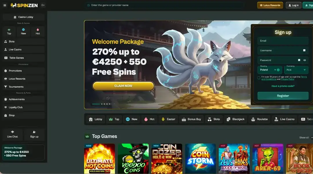 Spinzen Casino homepage.