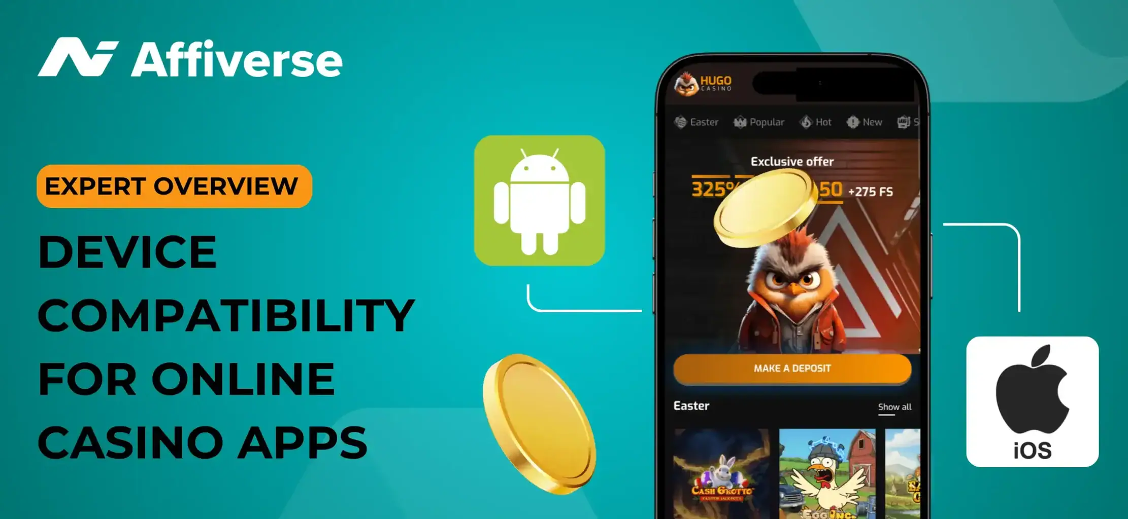 iOS and Android logos with a phone and two coins with an expert overview text.