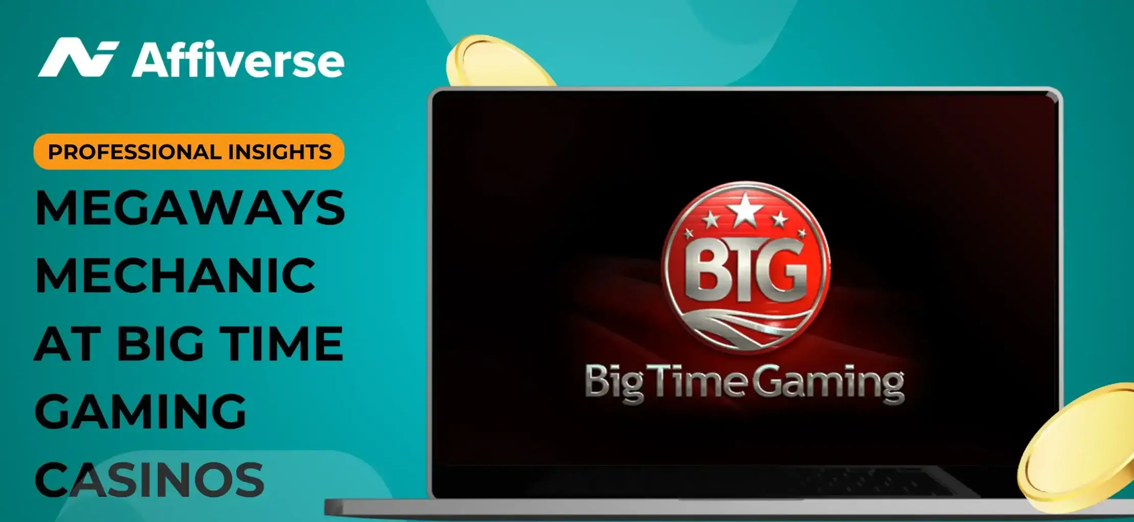 A professional insight text, a BTG logo on a laptop with two coins against a green banner.