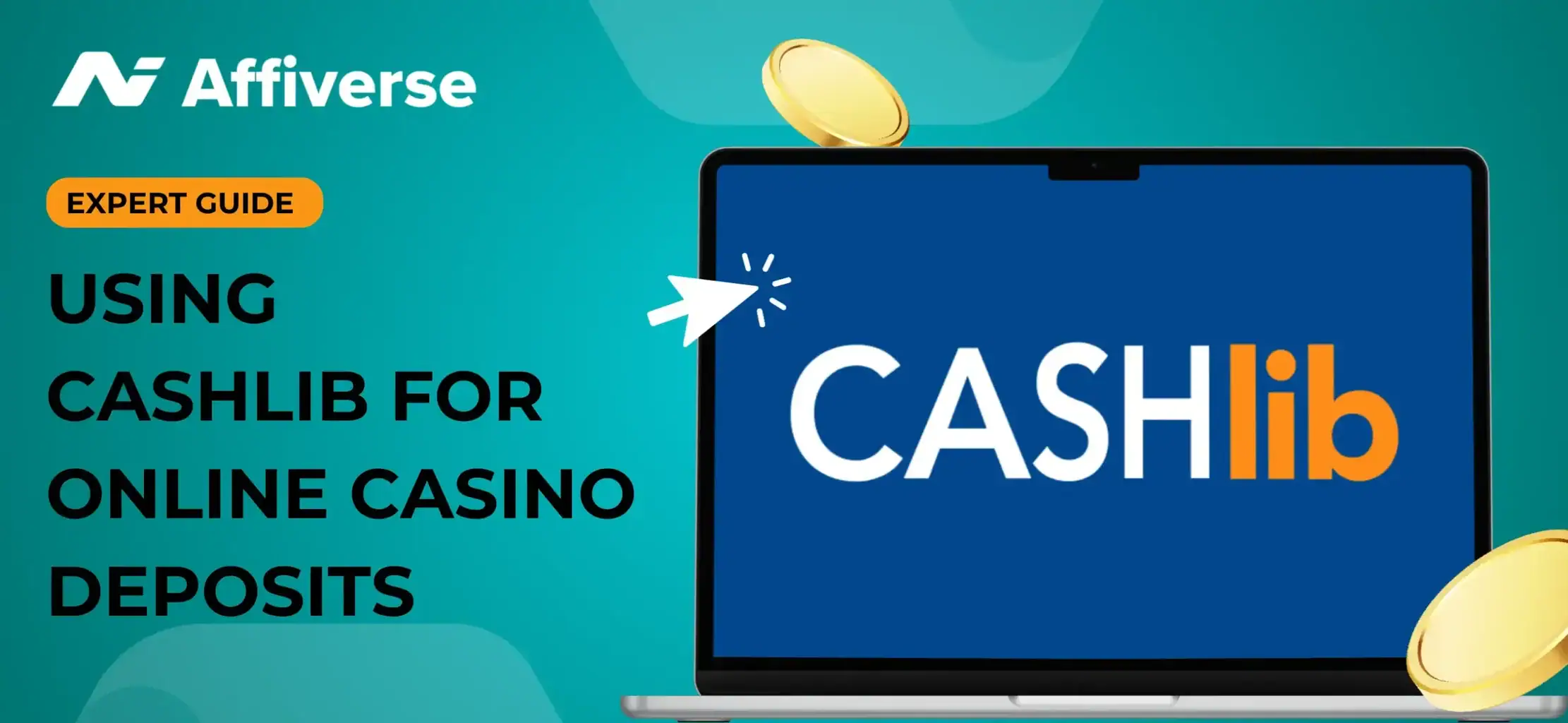 CASHlib expert guide text with its logo, two coins and a cursor against a green background.