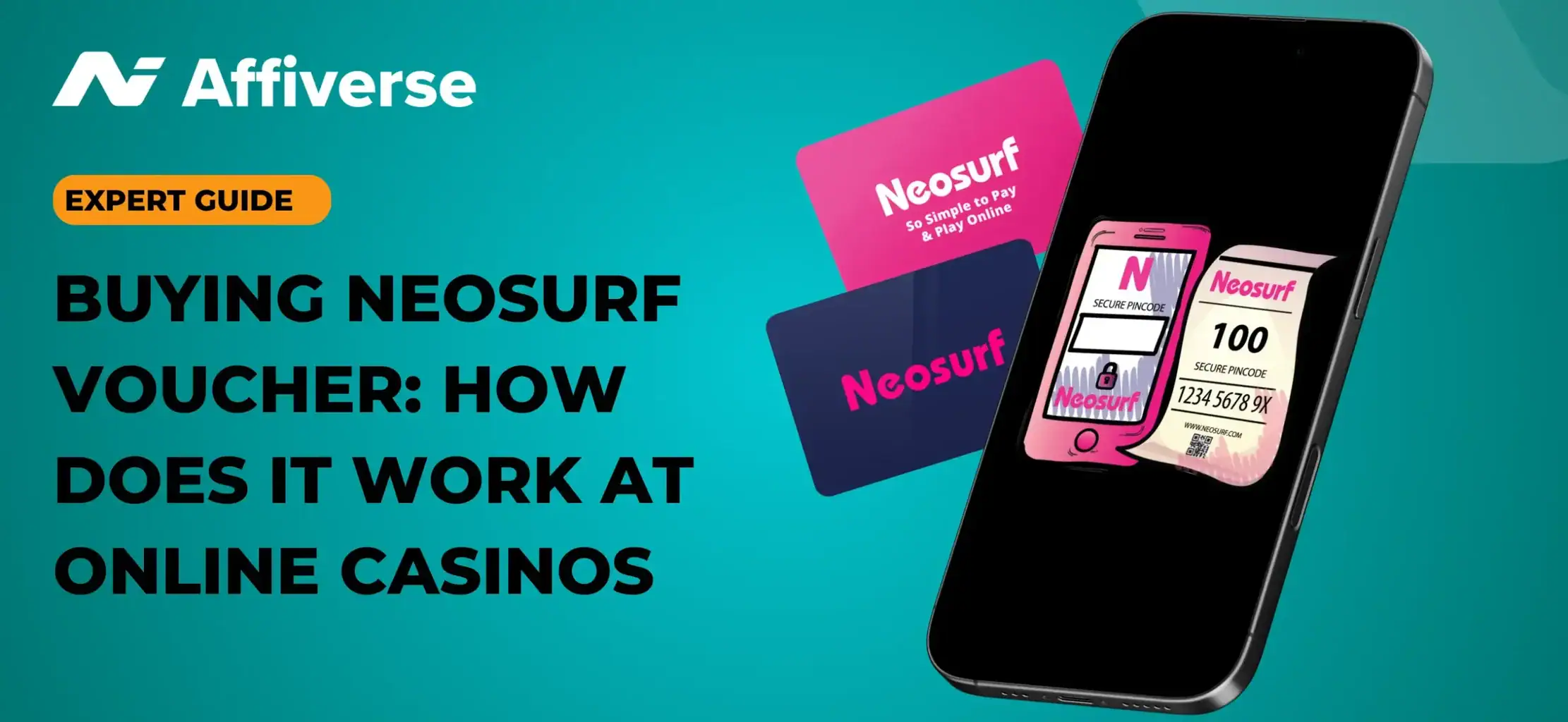 Expert guide on Neosurf vouchers with the cards and PIN code on a phone against a banner.