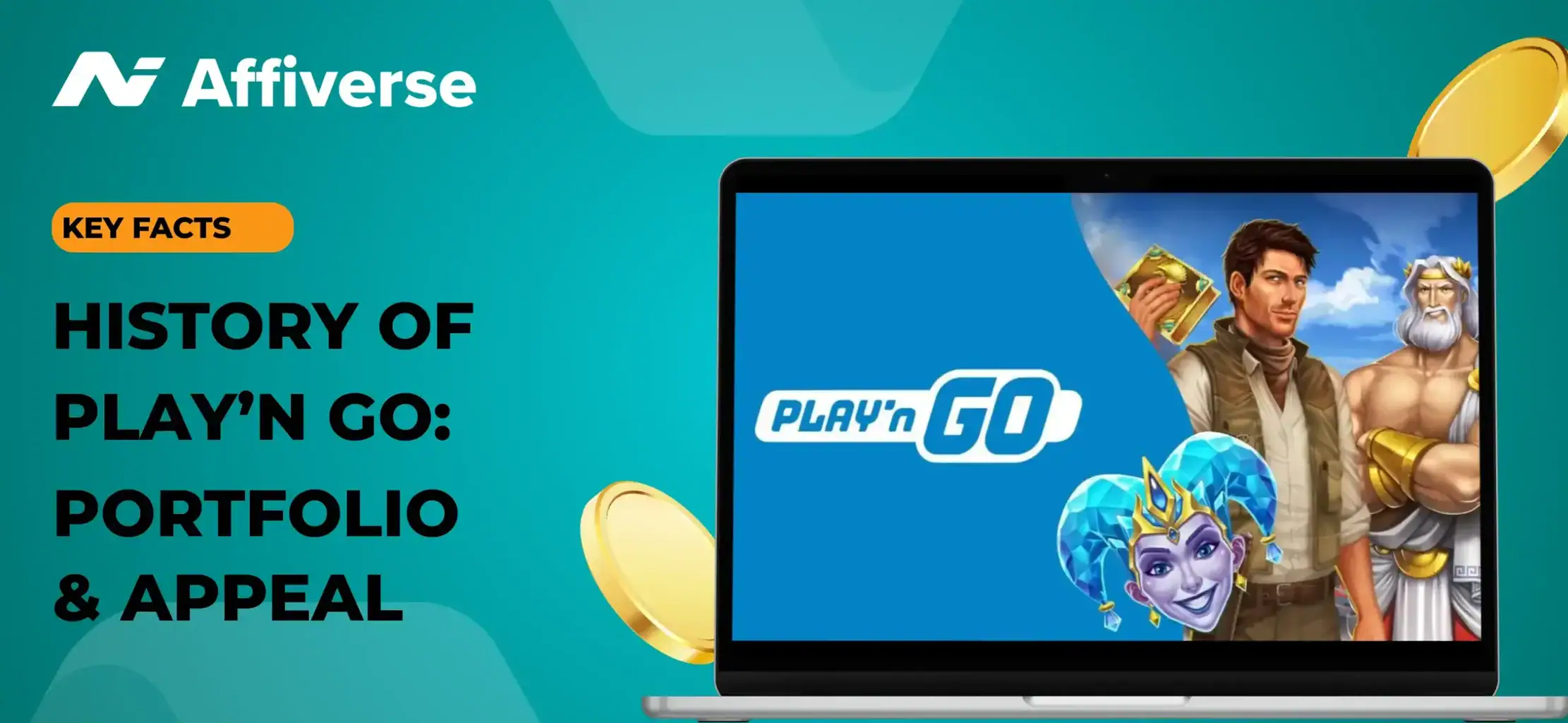 Key Facts text about Play'n GO with the company logo on a laptop with two coins.