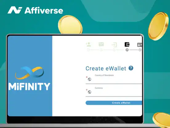 MiFinity registration on a laptop with three coins.