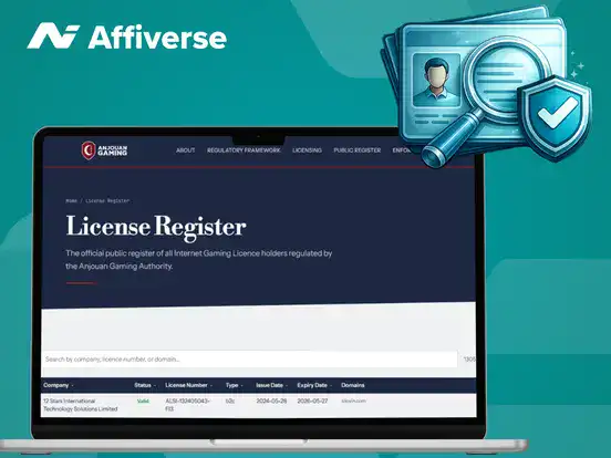 Licence register on Anjouan's website on a laptop with a licence check.