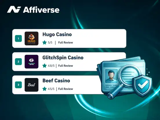 Hugo, GlitchSpin and Beef Casino logos with a licence check against a blue background.