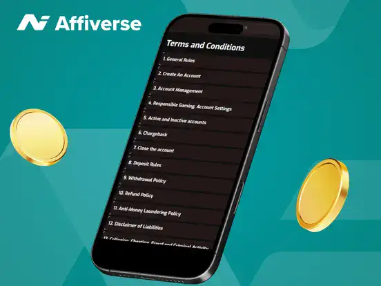 Terms on a phone with two coins against a blue setting.