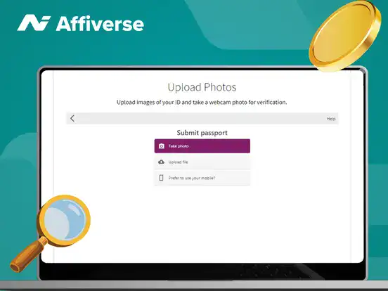 Affiverse ID upload screen on laptop with magnifying glass and coins symbolize verification and security.
