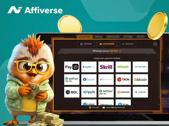 Withdrawal options on a laptop and a bird mascot against a green background.