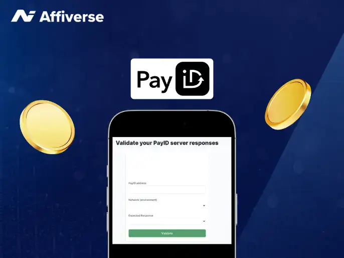 Address registration on a phone with a PayID logo and coins against a blue background.