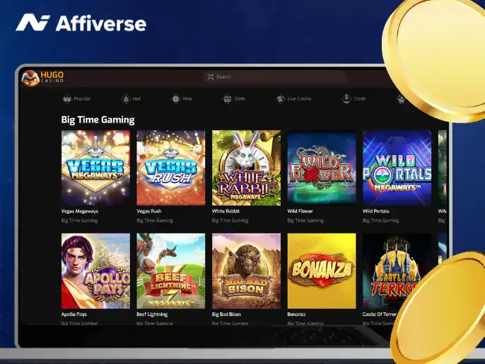 BTG games on a laptop with two coins against a blue background.