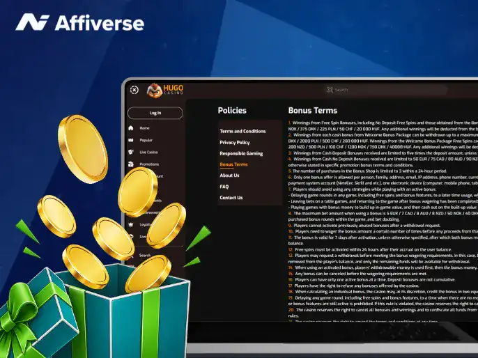 A computer screen displaying a casino website's bonus terms with a green gift box and gold coins in the foreground.