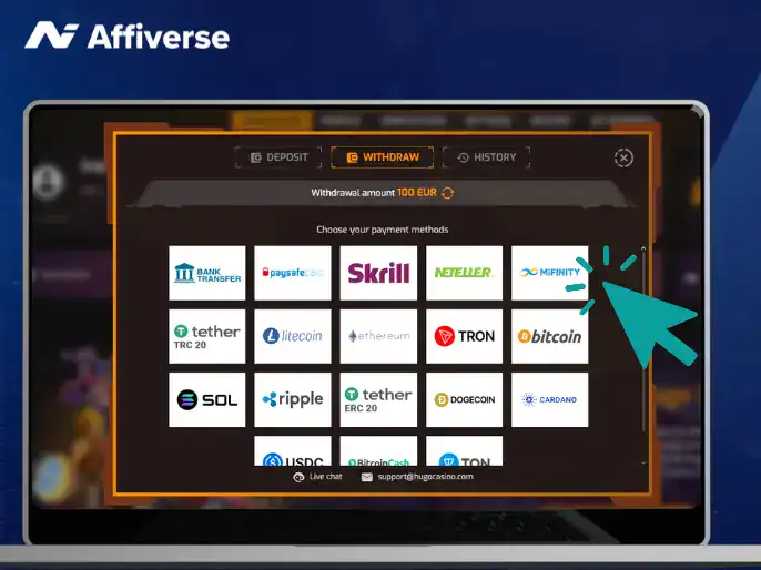 Withdrawal screen with MiFinity being selected.