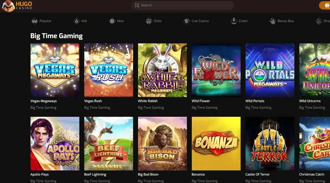 Hugo Casino's Big Time Gaming selection against a black background.