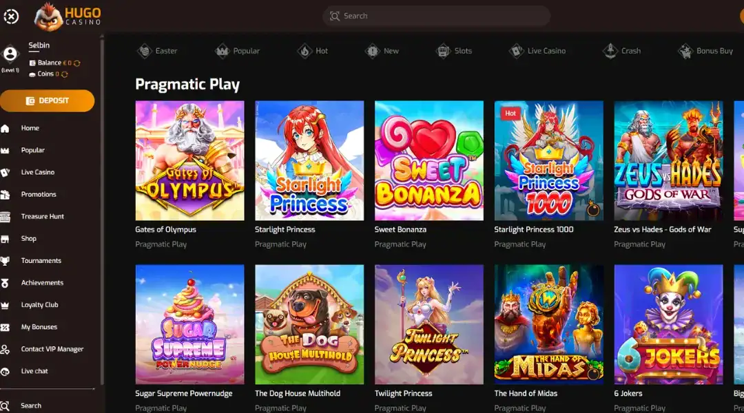 Pragmatic Play slot games gallery on the Hugo Casino website interface.