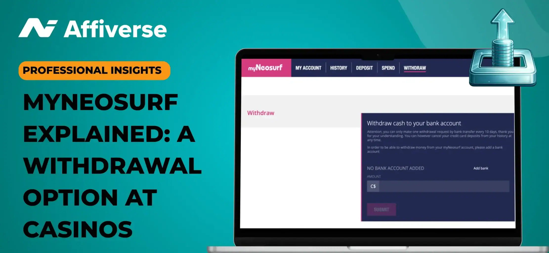Professional insights on myNeosurf with withdrawal details on a laptop against a banner.