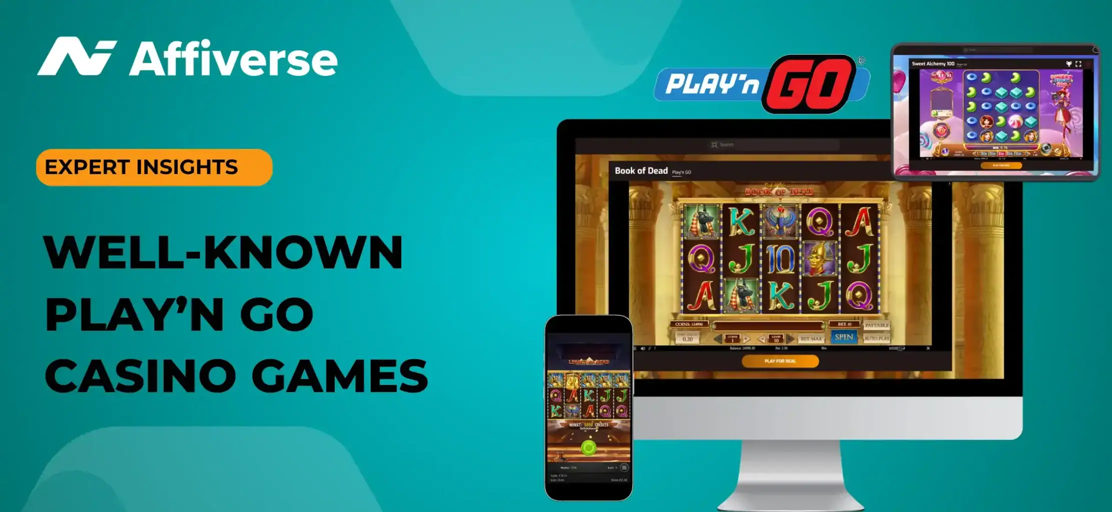 Play'n GO games on different devices with the company logo and expert insights text. 
