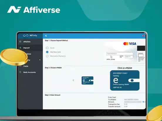MiFinity deposit process on a laptop with two coins.
