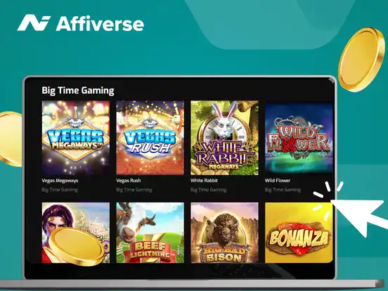 BTG games on a laptop with a cursor and two coins against a green background.