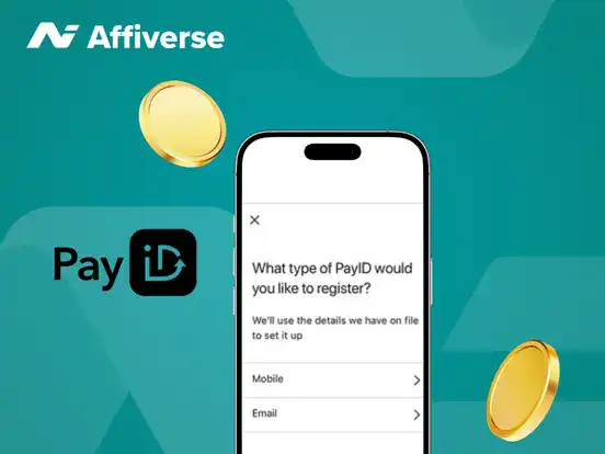 Registration types on a phone with a PayID logo and coins against a green background.