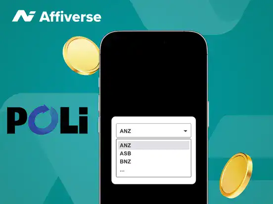 NZ banks on a phone with two coins and a POLi logo.
