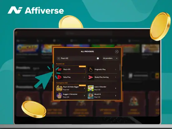 Play'n GO games on a laptop search bar with two coins against a green background.