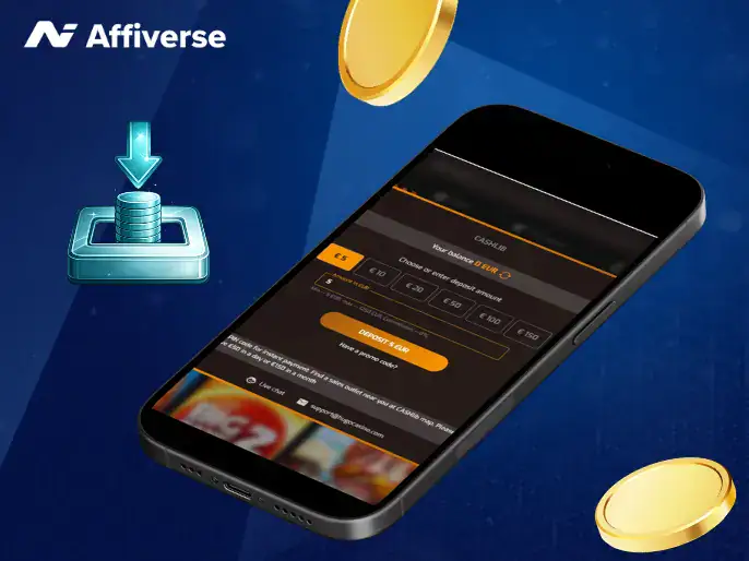 Deposit amount on a phone with two coins and a deposit symbol against a blue background.