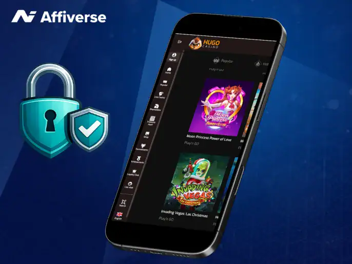 Play'n GO games on a phone with a padlock next to it against a blue background.