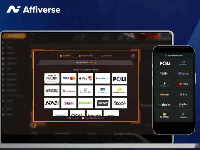 Deposit options with POLi on a laptop and a phone against a blue background.
