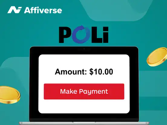 Claiming payment on a laptop with two coins and a POLi logo.